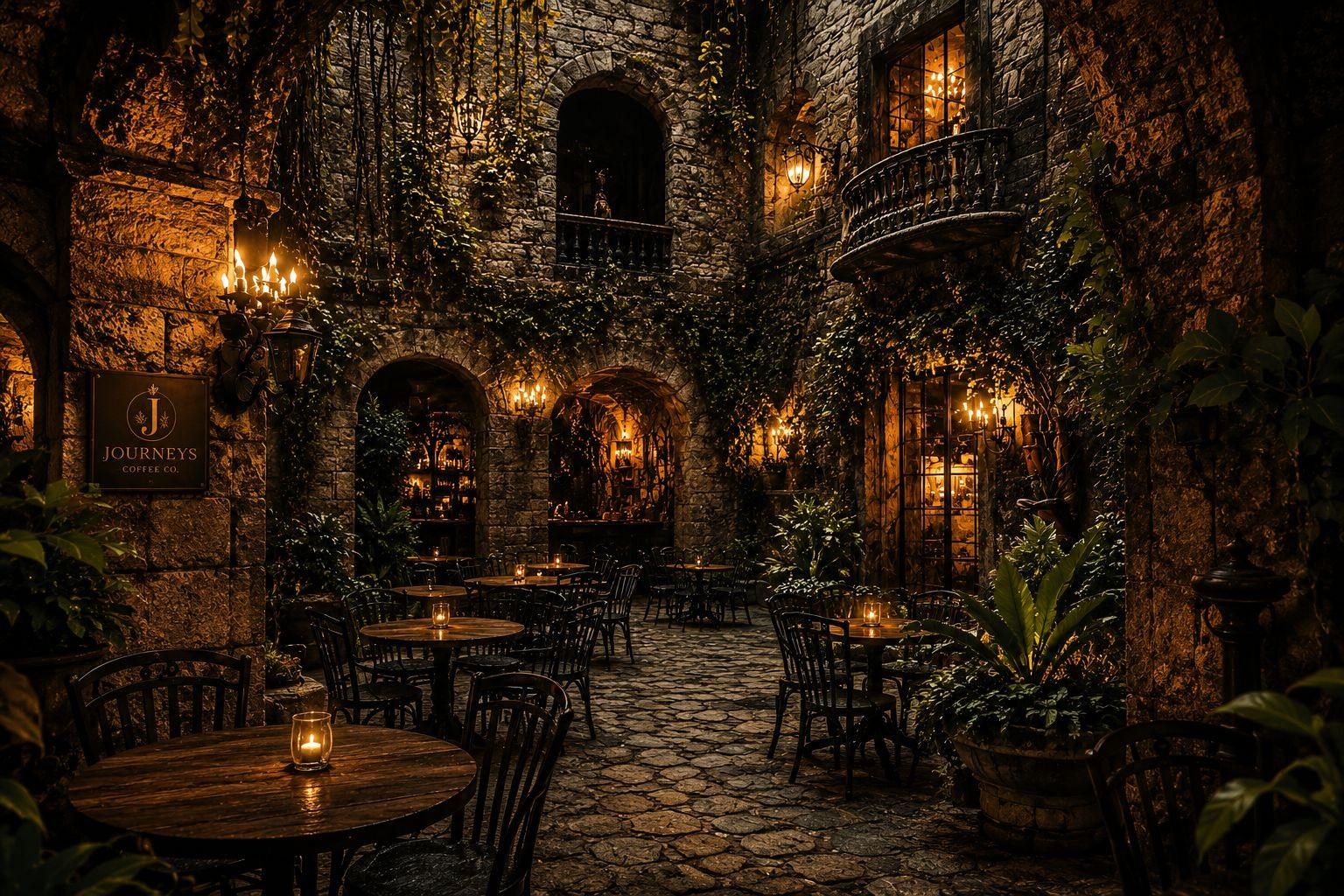 Journeys Coffee Co. — enchanting stone courtyard with candlelit tables and ivy walls